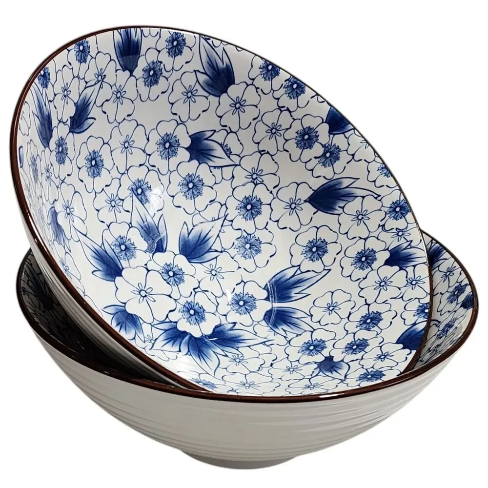 SH Home Blue Floral Ceramic Ramen Noodle Bowl Set of 2 With Chopsticks And Spoon